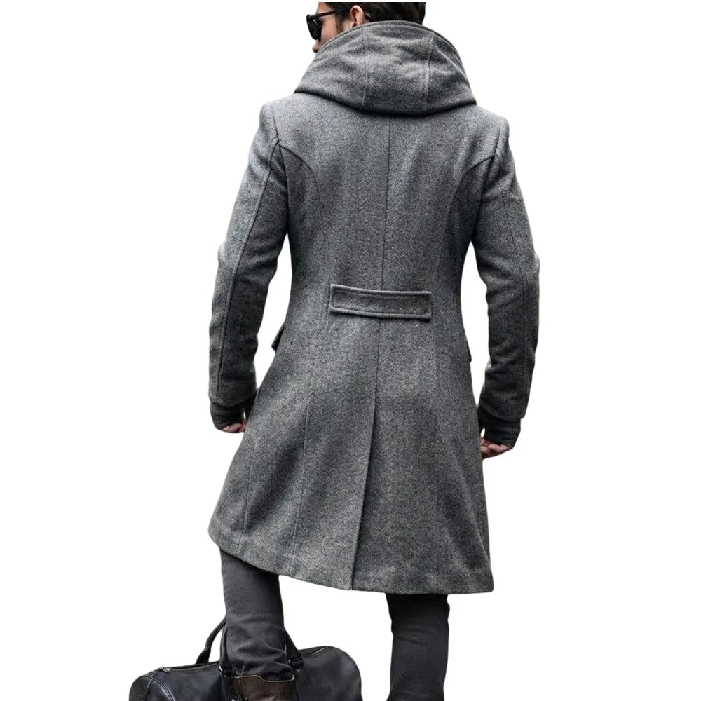 Men Hooded Wool Blends Trench Coat Double Breasted Mid Length Overcoat Work Casual Thick Warm Jacket Pockets Autumn Winter 2026