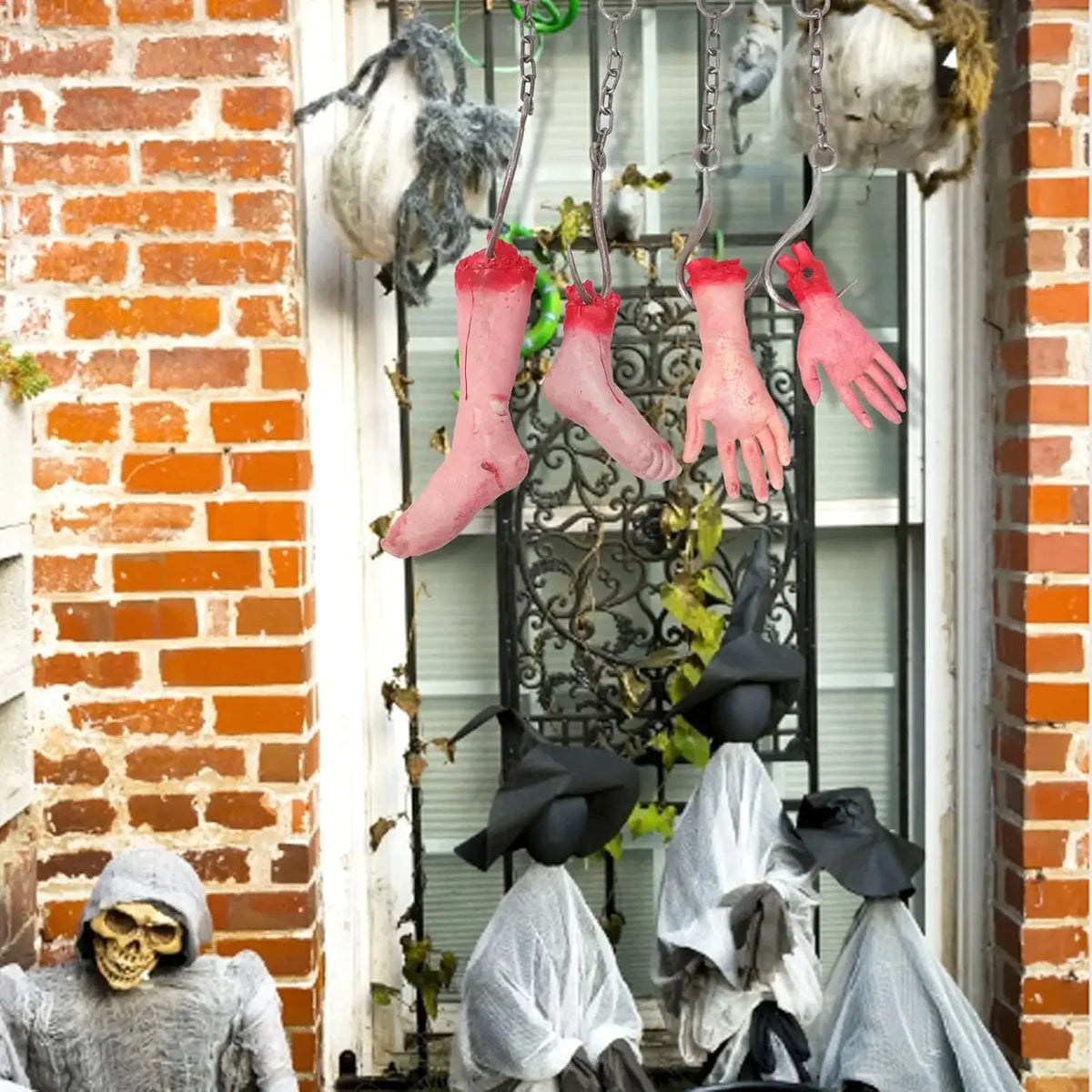 Décorations d'Halloween tête, mains et pieds suspendus par des chaînes, accessoires d'horreur pour extérieur, maison hantée, salle secrète et décor d'Halloween