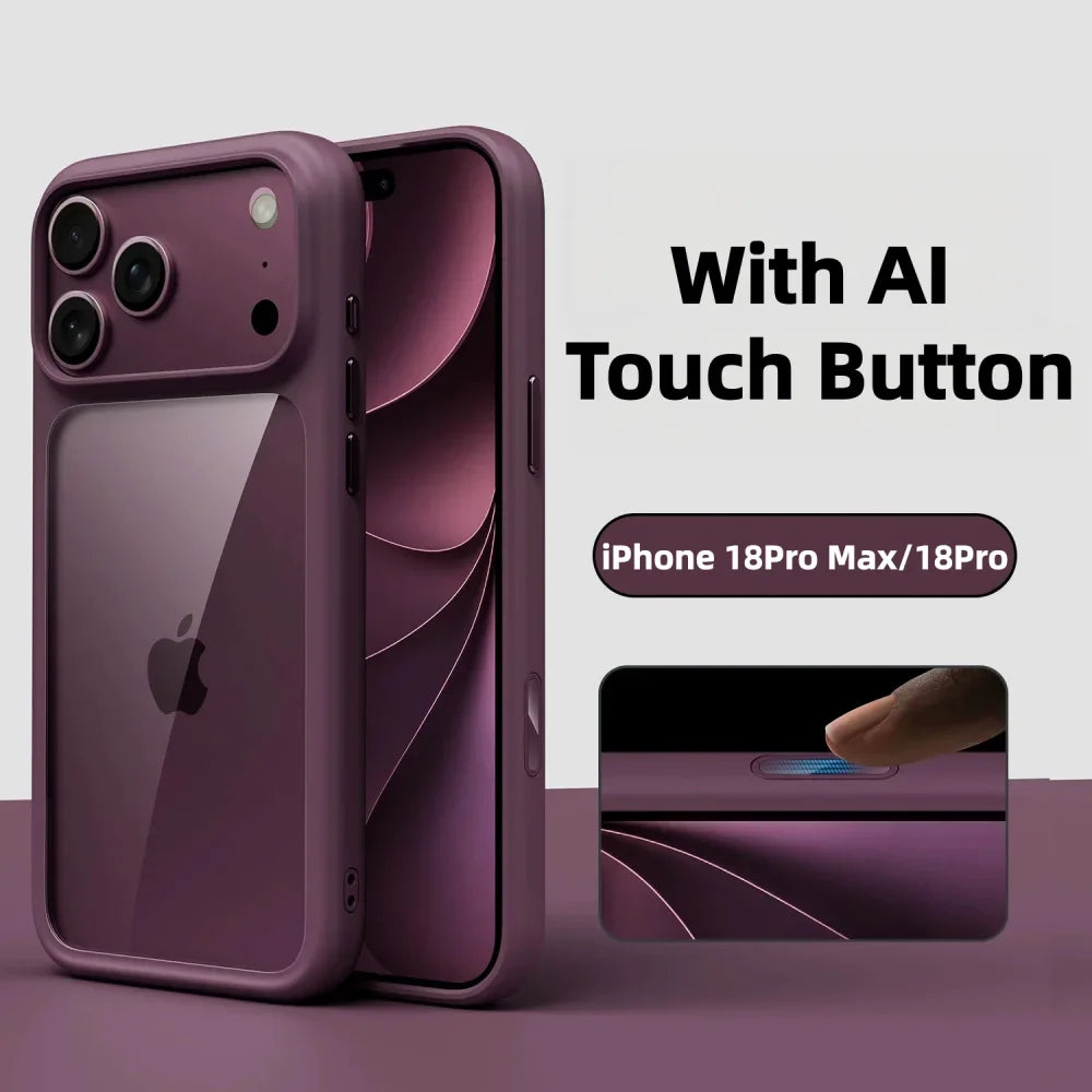 Luxury Burgundy Clear Phone Case For iPhone 17 18 Pro Max 17 18Pro Metal Buttons Skin Feel AI Touch Shockproof Protective Cover