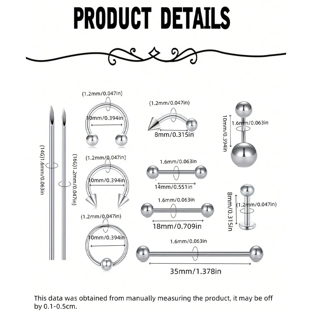 Kit de piercing en acier inoxydable 14G/16G Kit de piercing pour nombril Kit de piercing pour septum Lèvre Langue Tétons Oreille
