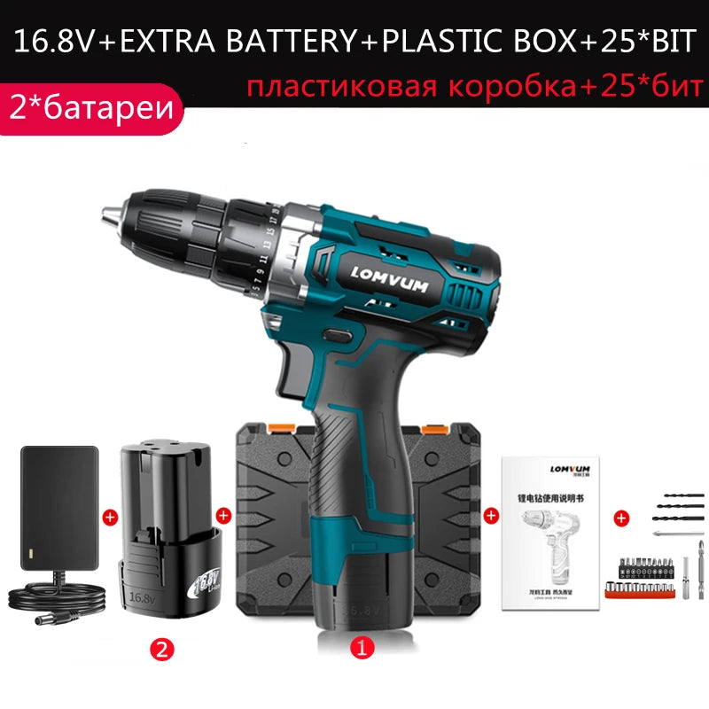 LOMVUM Rechargeable Lithium Battery Cordless home 20V Electric Drill bit wall 16.8V Electric Screwdriver with Plastic case