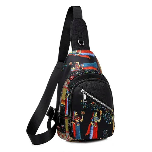 Trendy Ethnic Chest Bag for Women, Multiple Pockets, Large Capacity, Crossbody Bag for Coins, Mobile Phone, Cards, and Wallet