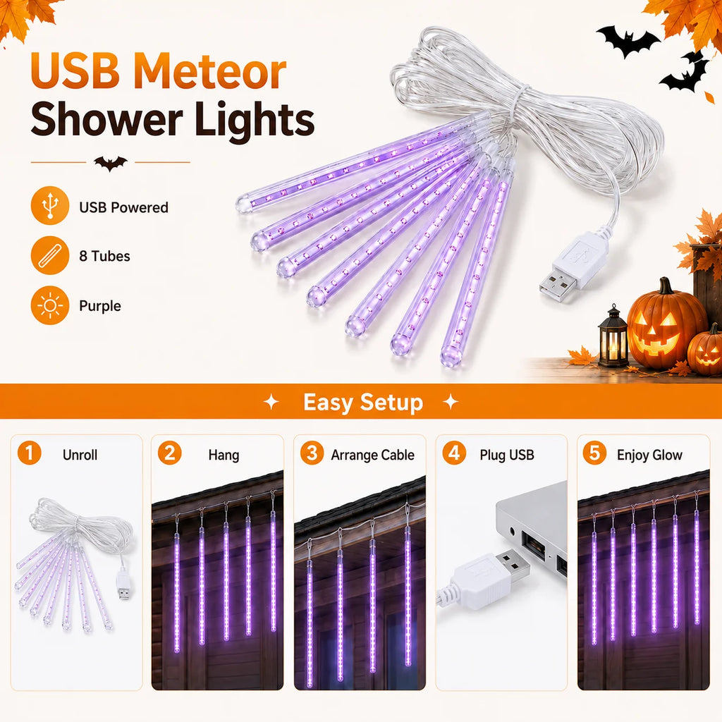 LED String Lights Meteor Shower Falling Rain Tube Lights USB Powered Warm White Purple for Garden Patio Yard Halloween Decor