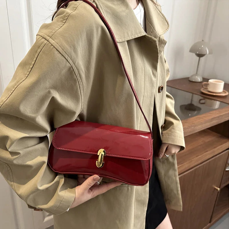 Stylish Wine Red Patent Leather Women Underarm Bag, Sleek Sling Purse with Gold Turn Lock Women's Daily Handbags Shoulder Bags