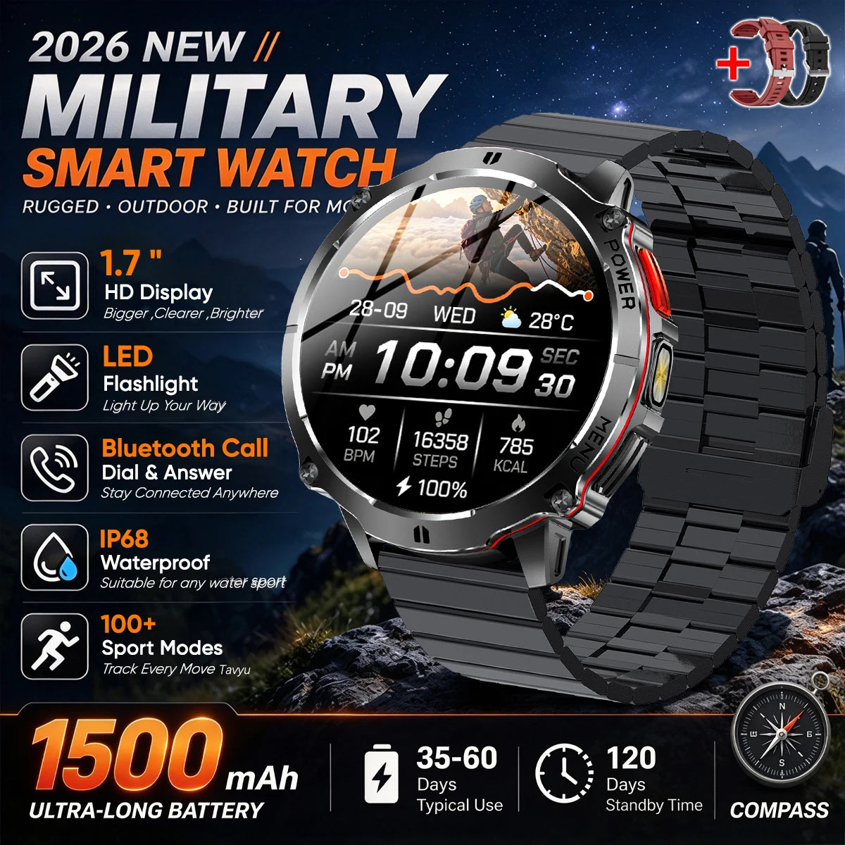 Military T-Rx6 Smartwatch,1.7'AMOLED Screen,150 Day Battery,IP68 Waterproof,Metal,120 Fitness Modes,Flashlight,For Men Women New