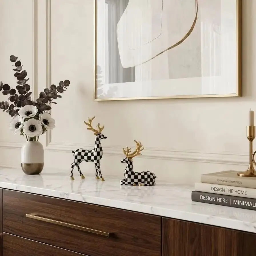 Black-and-White Checkered Deer Sculpture Christmas Home Decor, Fireplace or Living Room Table Ornament, Holiday Gift