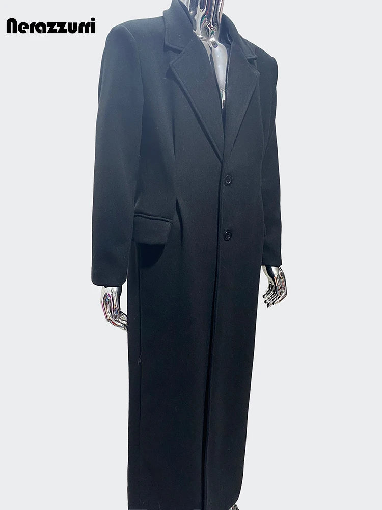 Nerazzurri Autumn Winter Extra Long Luxury Elegant Black Soft Warm Woolen Coat for Men Single Breasted Wool & Blends Overcoat