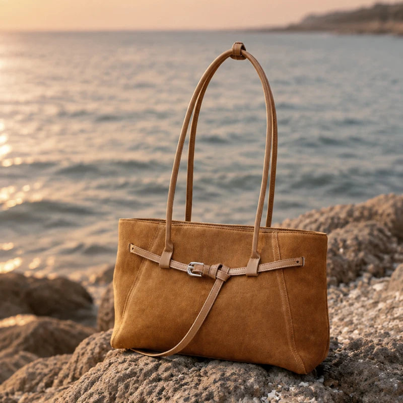 Matte Suede Women's Bag 2026 Luxury Brand Cow Leather Tote Handbags Large Capacity Commuter Shopper Soft Cowhide Underarm Bags