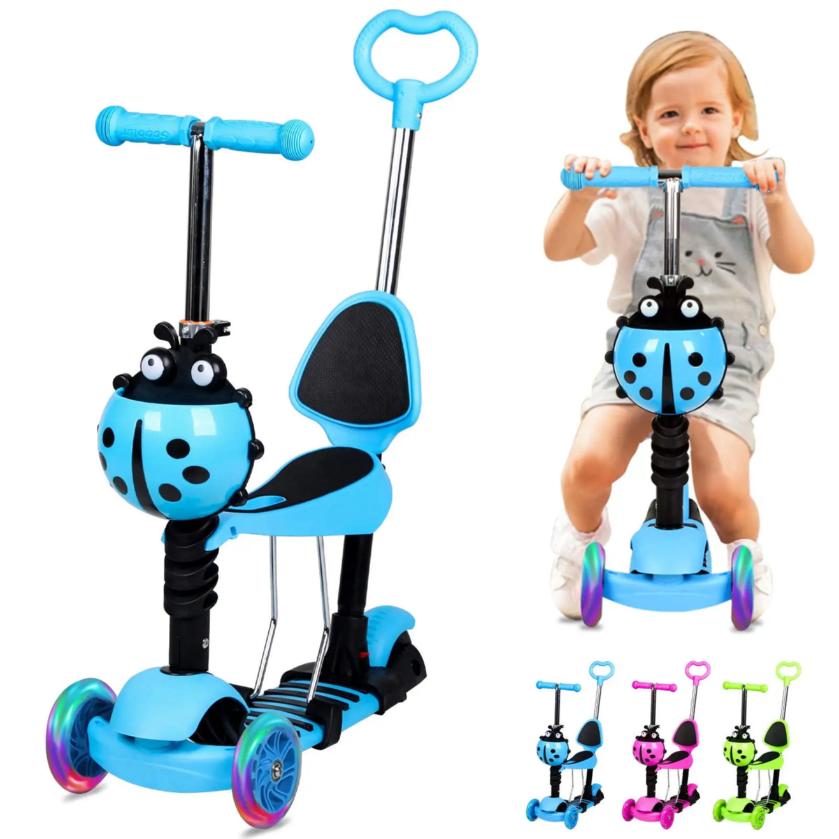 Monopattino per bambini 5 in 1, monopattino a 3 ruote con luci LED lampeggianti, manubrio, sedile e maniglione regolabili e rimovibili