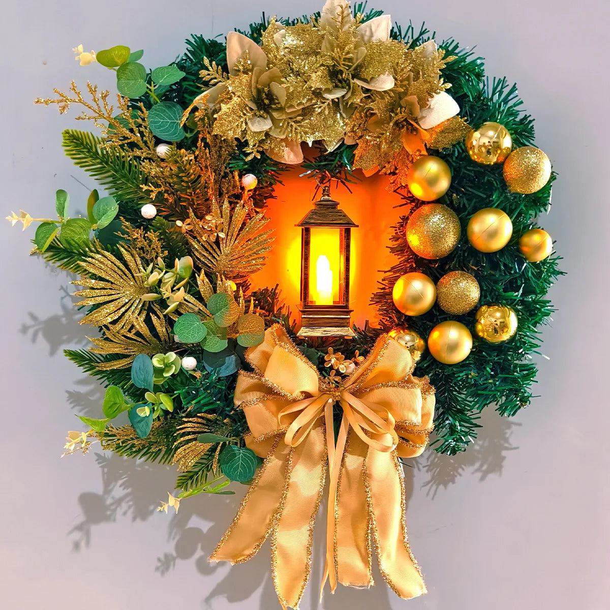 45cm Christmas Decoration Golden Wreath With Lamp For Front Door Red Ball Flower Garland Xmas Ornament Window Wall Hanging Decor