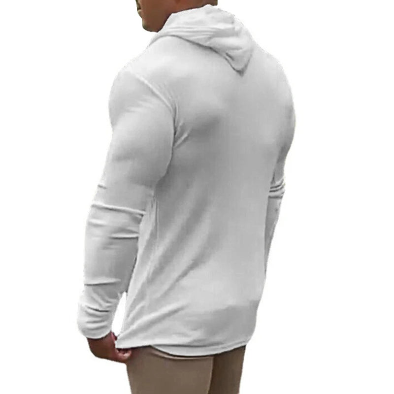 Spring Autumn Mens Running Hooded T-shirts Thin Ribbed Knitted Sports Sweaters Classic Strip Slim Gym Fitness Pullover T Shirts