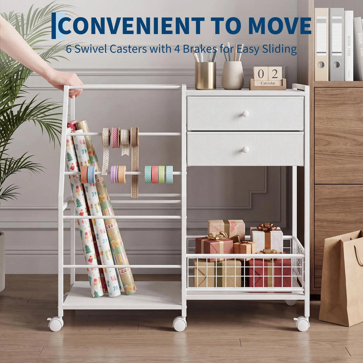 3-Tier Rolling Gift Wrap Organizer Cart with 2 Drawers Mobile Storage For Wrapping Paper Ribbons Gift Bags And Craft Supplies