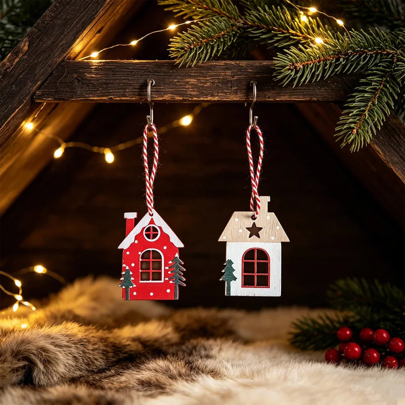 8Pcs Mini Christmas Wooden House Ornaments Red White Xmas Tree Hanging Pendants Decorations for Home Holiday Party Decor Gift