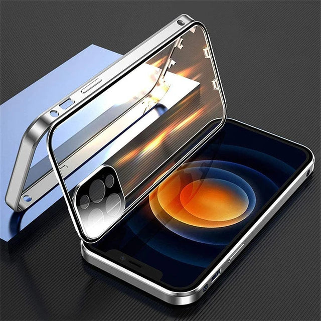 360 Full Protection Metal Magnetic Double Sided Glass Snap Lock Case For iPhone 18 17 16 15 14 13 Pro Max Lens Protection Cover