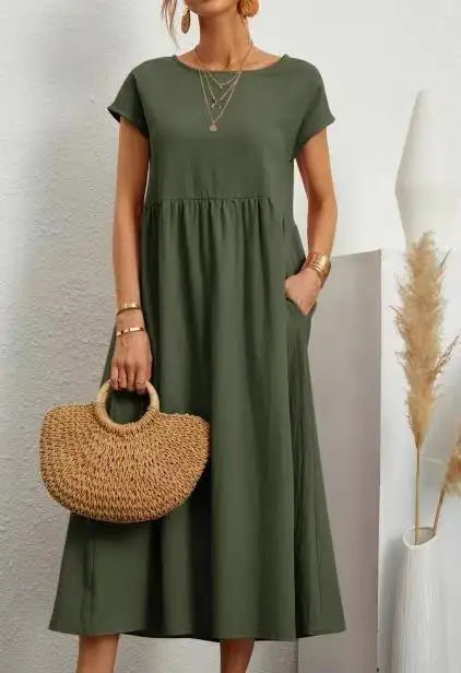 Abito midi da donna in cotone con scollo rotondo e linea morbida