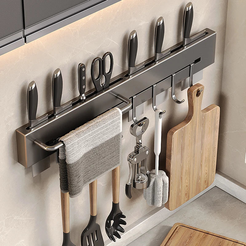 Soporte de acero inoxidable para colgar utensilios de cocina, organizador de pared para cucharas, cuchillos y accesorios de cocina.