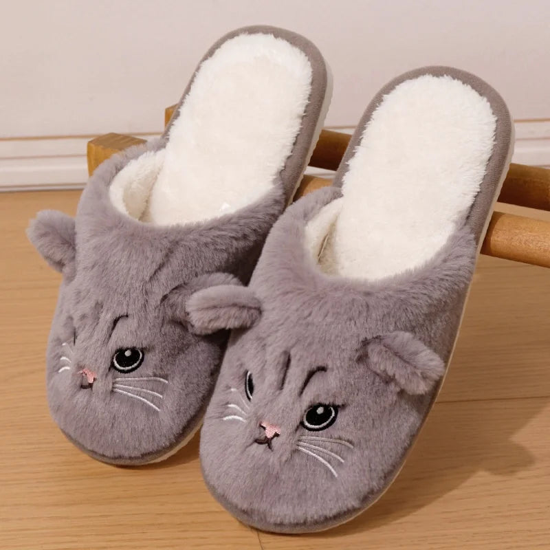 Zapatillas de algodón de invierno con gatos adorables para pareja, divertidas y casuales, de suela blanda, para adultos, para estar en casa, sandalias silenciosas tipo chancla para mujer
