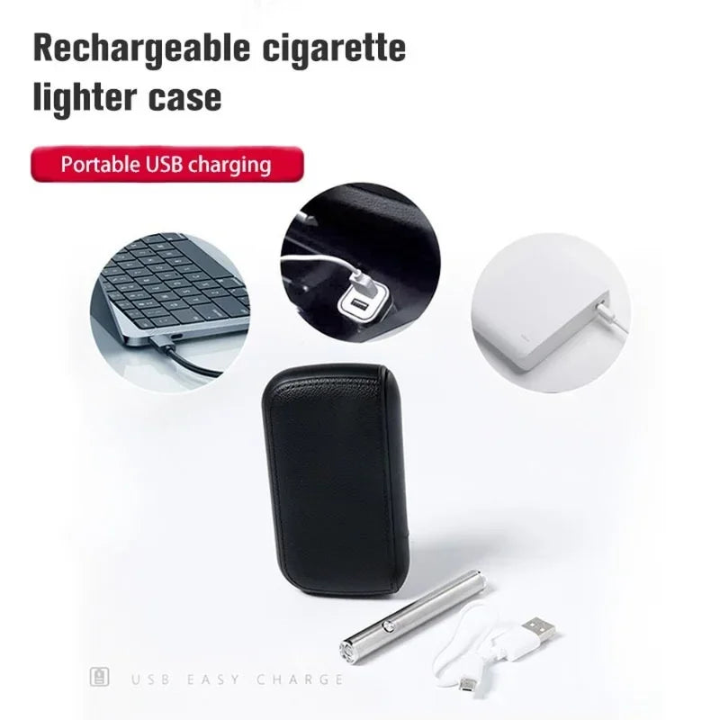 Nueva pitillera de piel sintética con encendedor electrónico de tungsteno USB, estuche para cigarrillos, regalo exquisito para hombre, accesorio para fumar