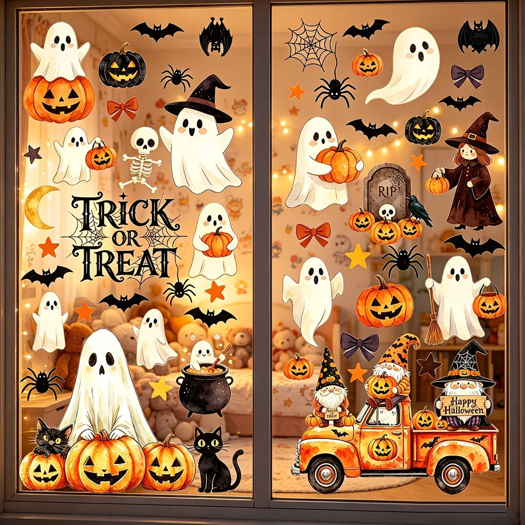 Adhesivos para ventanas de Halloween, decoraciones de Halloween, pegatinas decorativas de otoño para interiores | 6 hojas de adhesivos grandes para ventanas con fantasmas y calabazas