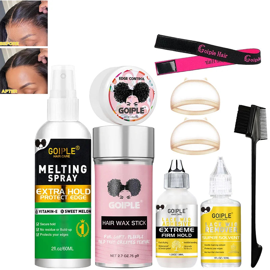 GOIPLE Lace-Perücken-Set zum Anlegen und Abnehmen, 9-teilig, mit Melting-Spray, Klebstoffentferner, Edge-Control-Wachs, Bürste, elastischem Band und Haarkappen