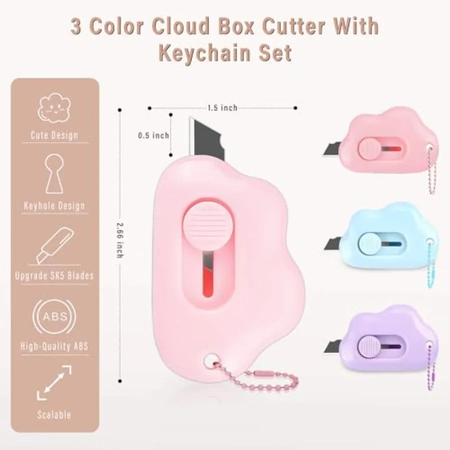 Lot de 3 cutters rétractables en forme de nuage avec porte-clés, lame en acier inoxydable, ouvre-lettres sécurisé et portable pour enveloppes P