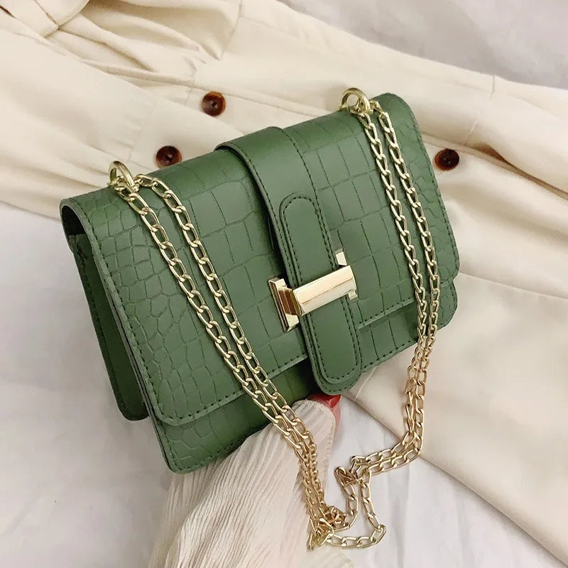Women Crocodile Pattern PU Leather Square Bag Luxury Gold Chain Crossbody Bag Fashion Shoulder Handbag For Ladies Daily Party