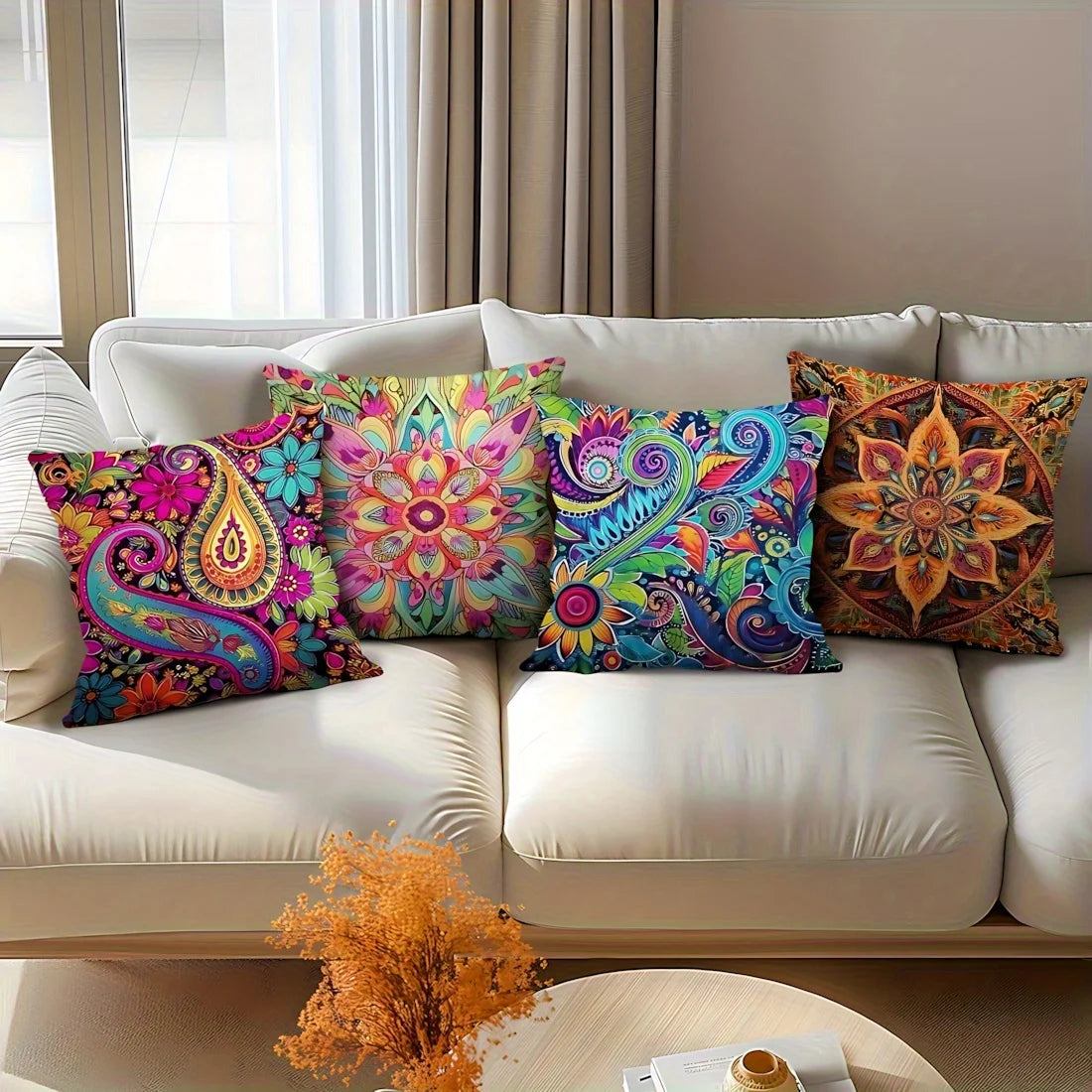 Set aus 4 Kissenbezügen mit floralem Mandala-Muster im Boho-Stil, schicke Boho-Kissenhüllen für Wohnzimmer und Wohnaccessoires