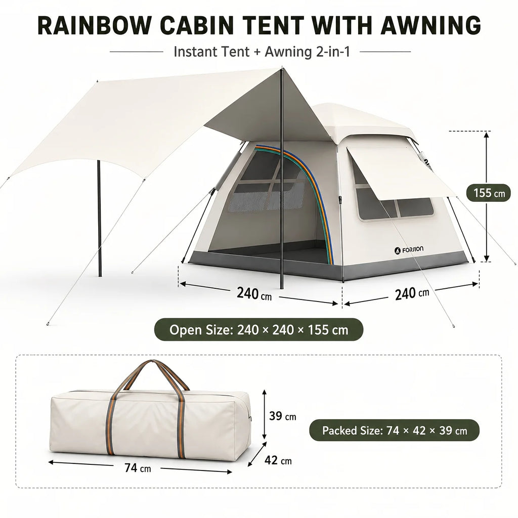 Automatic 2-in-1 Family Pop-Up Tent with Canopy UPF 50+ Waterproof for 3-5 People Fiberglass 240x240x155 cm