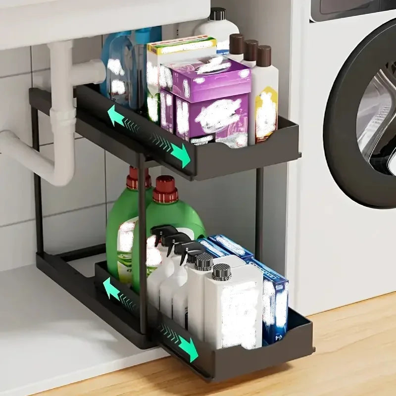 Rangement coulissant à 2 niveaux sous évier, organiseur multifonctionnel à tiroirs pour produits de nettoyage de cuisine et de salle de bain, à poser sur le plan de travail