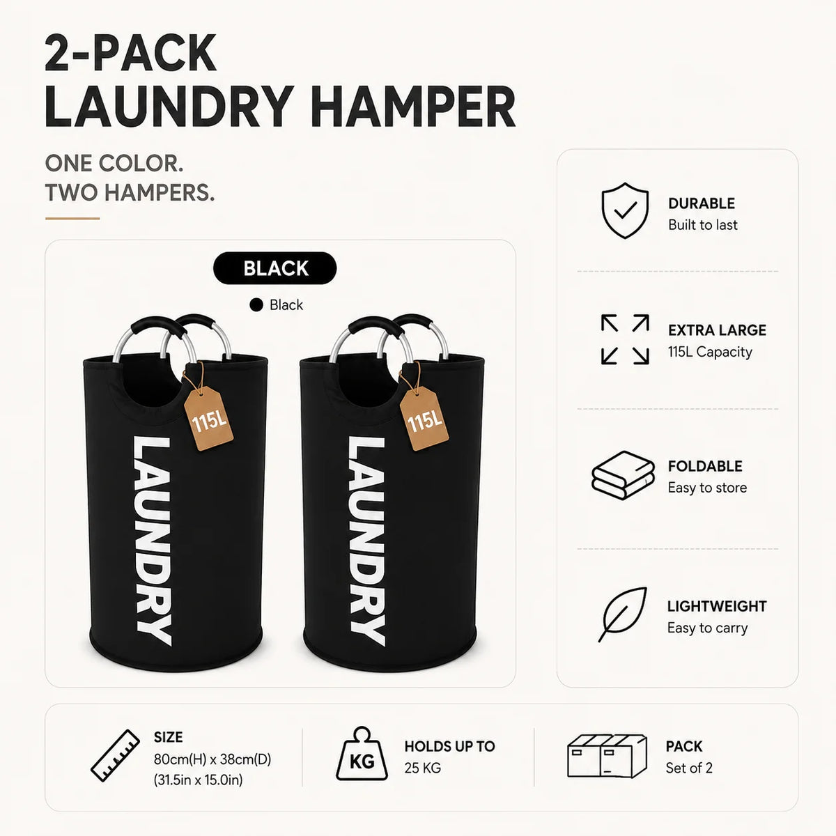 2 Pack 115L Extra Large Laundry Hamper, Foldable Laundry Basket with Soft Padded Handles, Freestanding Collapsible Laundry Bag for Clothes Storage, Bedroom, Bathroom, Dorm & Laundry Room
