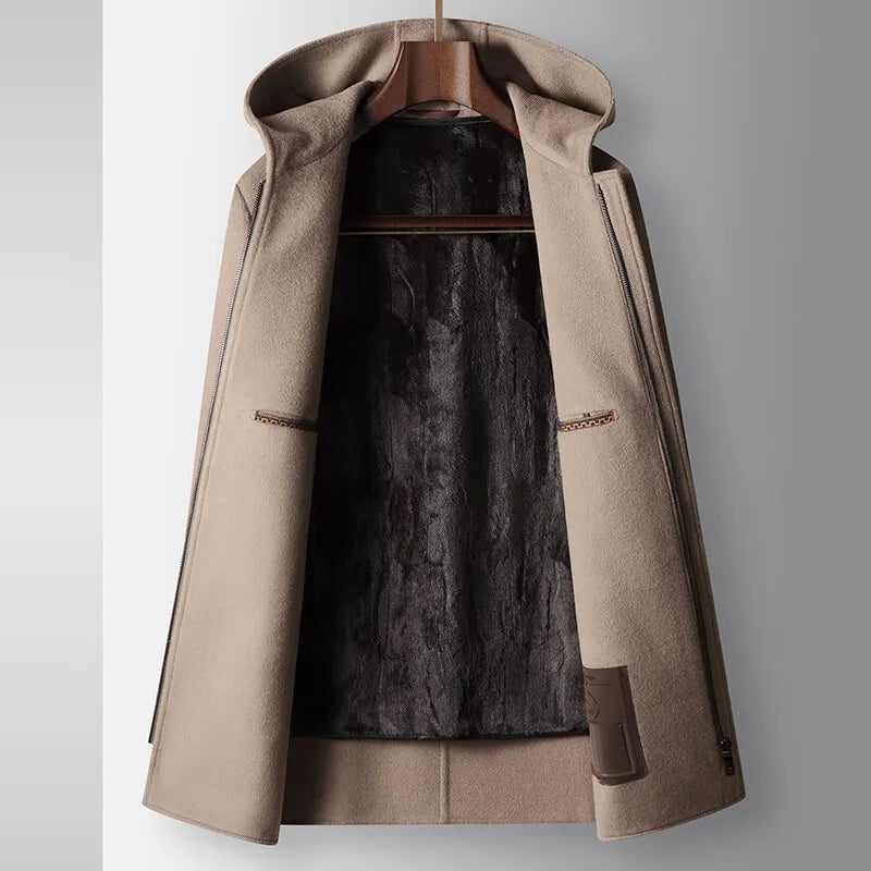 2024 Winter New Men's Hooded Medium to Long Woolen Coat with Thick Velvet for Warmth and Leisure, High End Fabric 100% Pure Wool
