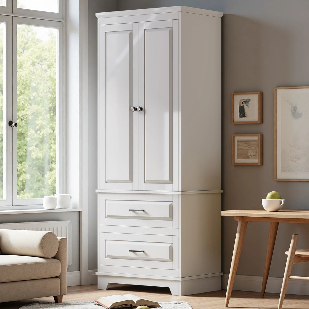 Comanlai moderner weißer Aufbewahrungsschrank 157 x 60 x 40 cm, multifunktionaler Holzschrank mit 2 Türen und 2 unteren Schubladen, einfach aufzubauendes Bücherregal und Ablagesystem für Wohnzimmer, Schlafzimmer, Küche, Badezimmer und Büro