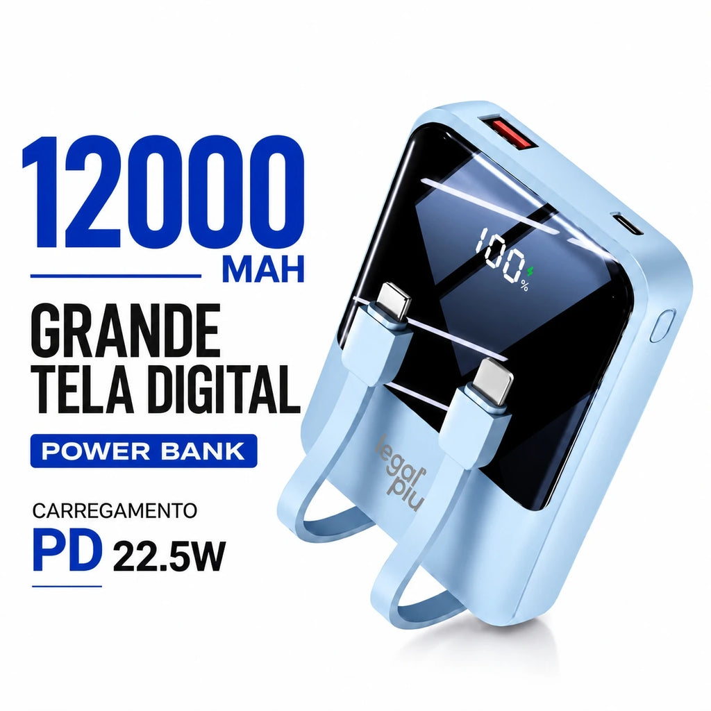 Power Bank 12000mAh Con 2 Cables Integrados Pantalla Digital Carga Rápida PD 22.5W Para Celular
