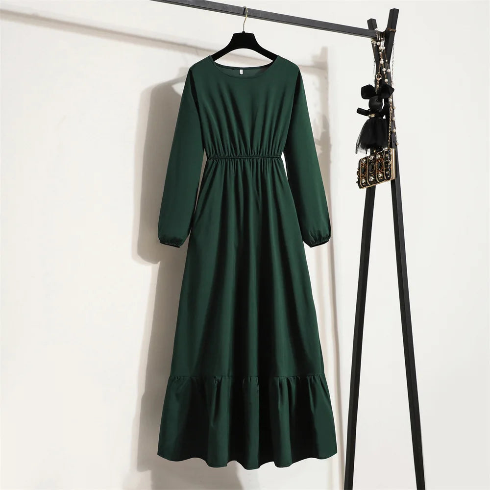 Abito lungo floreale da donna con scollo rotondo