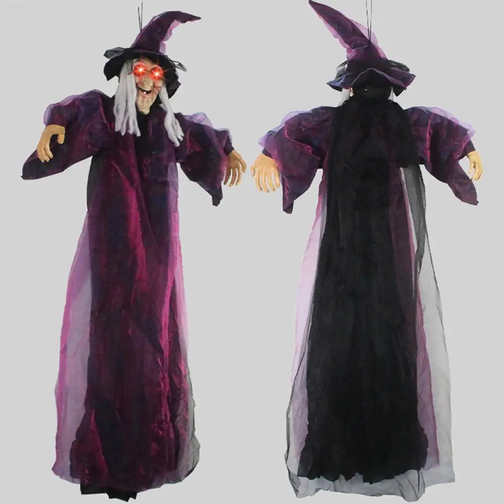 Bruja parlante de tamaño real para Halloween, bruja animatrónica morada de terror para exteriores, decoración luminosa y gritona con control por voz
