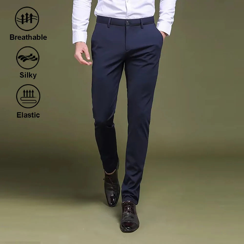 Men's Casual Pants Non-ironing Anti-wrinkle Elastic Suit Pants Small Foot Thin Solid Trousers Stretchy Hot Selling Male Bottoms