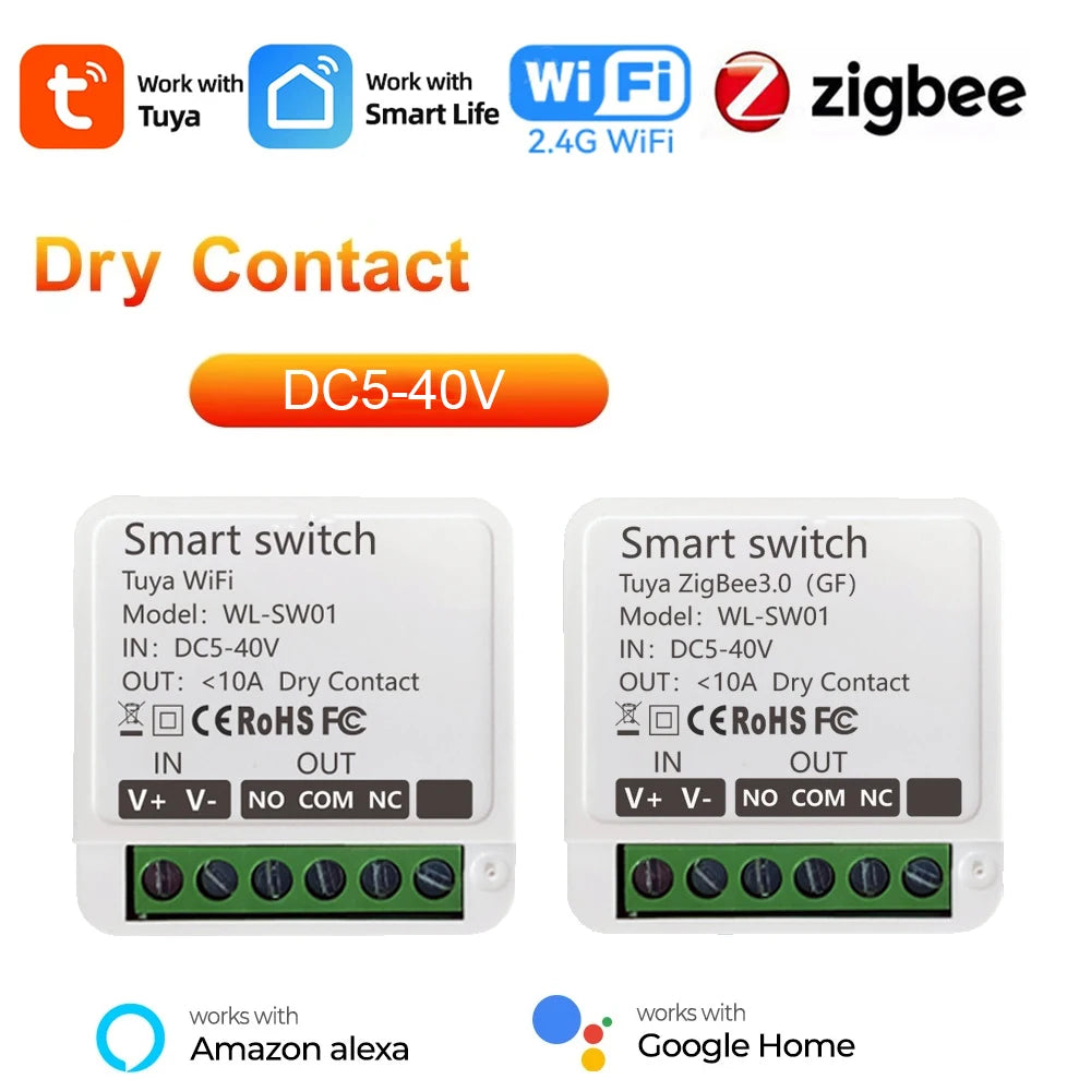 Tuya Dry Contact WiFi Zigbee Smart Switch Module 10A Smart Home DIY Breaker Relay DC 5-40V Work with Google Home Assistant Alexa
