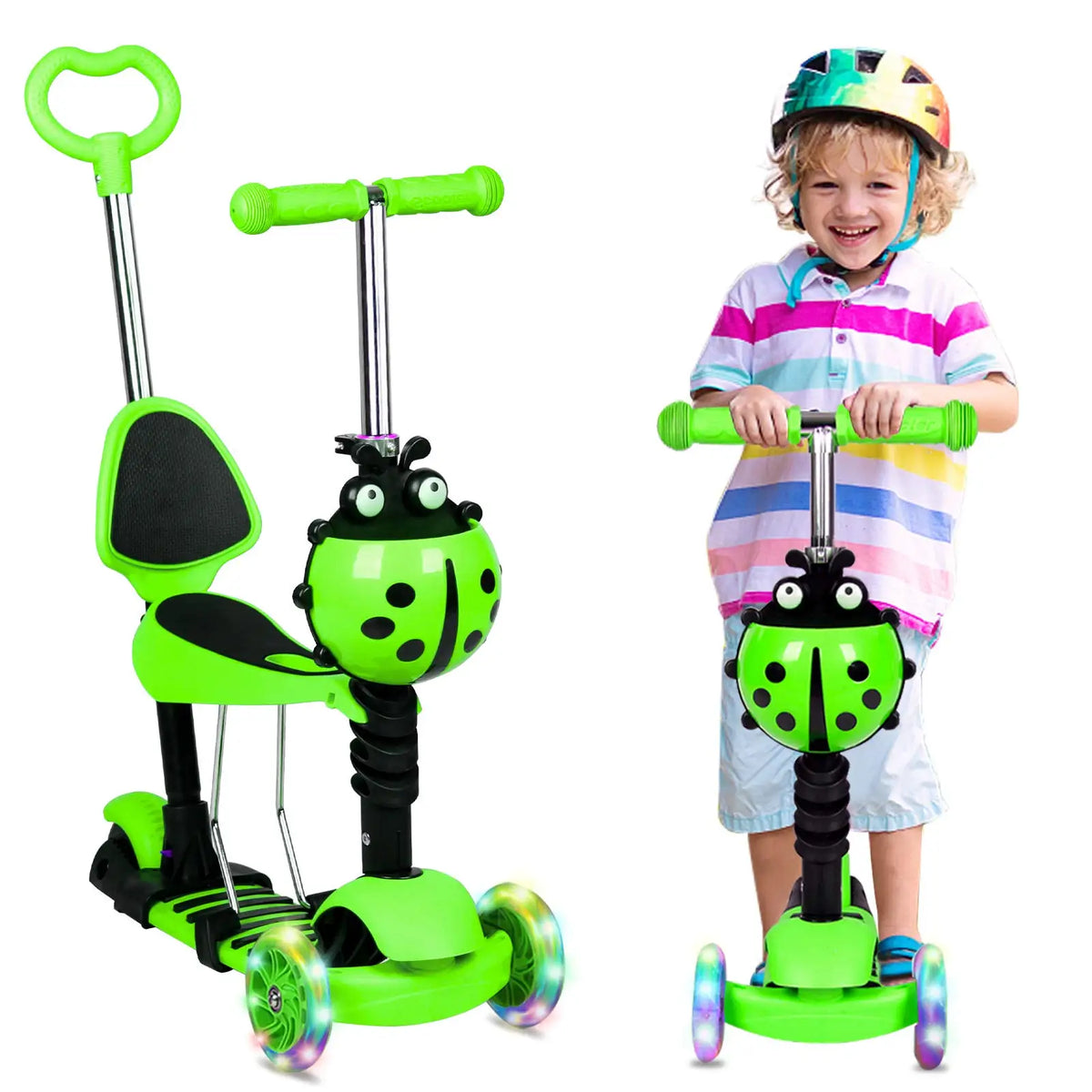 Monopattino per bambini 5 in 1, monopattino a 3 ruote con luci LED lampeggianti, manubrio, sedile e maniglione regolabili e rimovibili