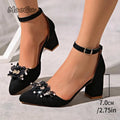 Elegante schwarze Pumps mit Blockabsatz, florale Spitze mit Strass, spitz zulaufende Damensandalen, Größe 35-43, trendige Absatzschuhe für Damen