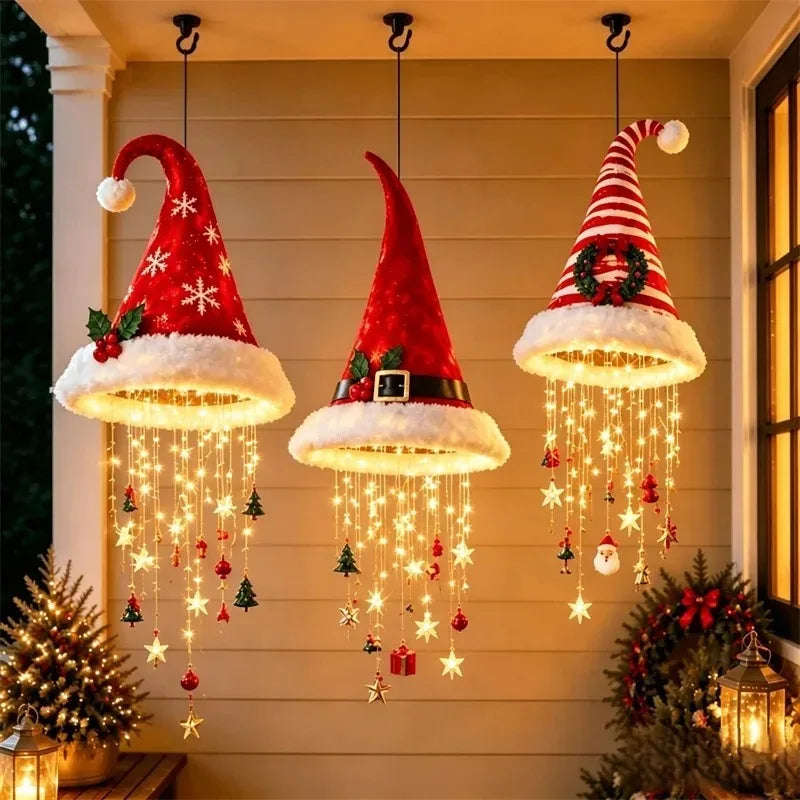 Weihnachtsmannmütze mit LED-Hängelicht, warm leuchtende Lichterkette für Kronleuchter, Weihnachtsdeko für Treppenhaus und festliche Partys, neu