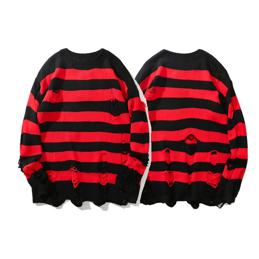 Autumn Winter Color Blocking Stripe Sweaters Destroyed Ripped Design Fashion Sweater Men's Pullover Knitwear Oversize Streetwear