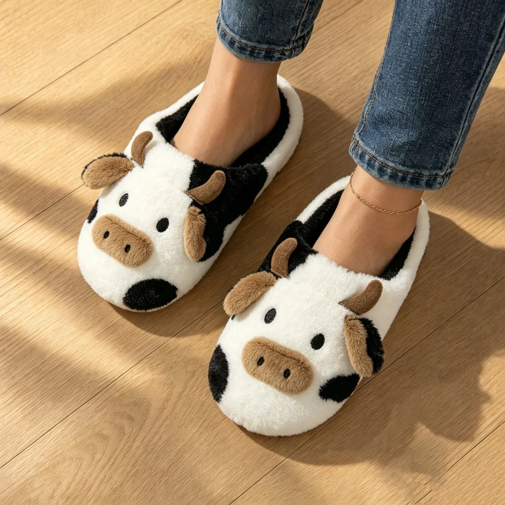 Adorables chaussons d’intérieur en peluche vache, silencieux, à semelle souple et chaude, antidérapants, pour homme et femme, automne-hiver