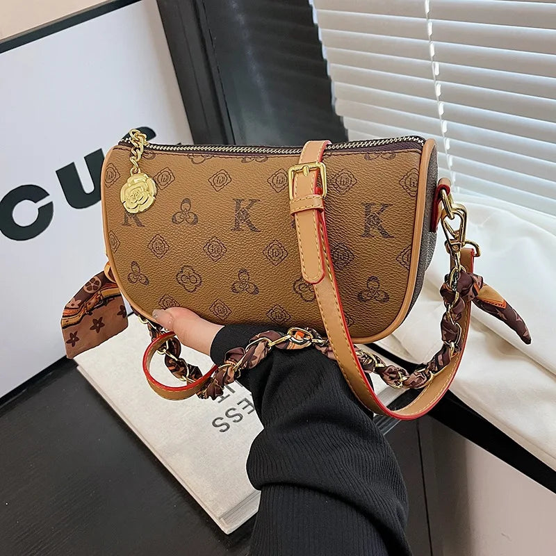 Women Fashion Floral Letter Print Shoulder Bag Retro Saddle Bag Luxury Brand Purse Elegant Messenger Tote Bag Adjustable Strap