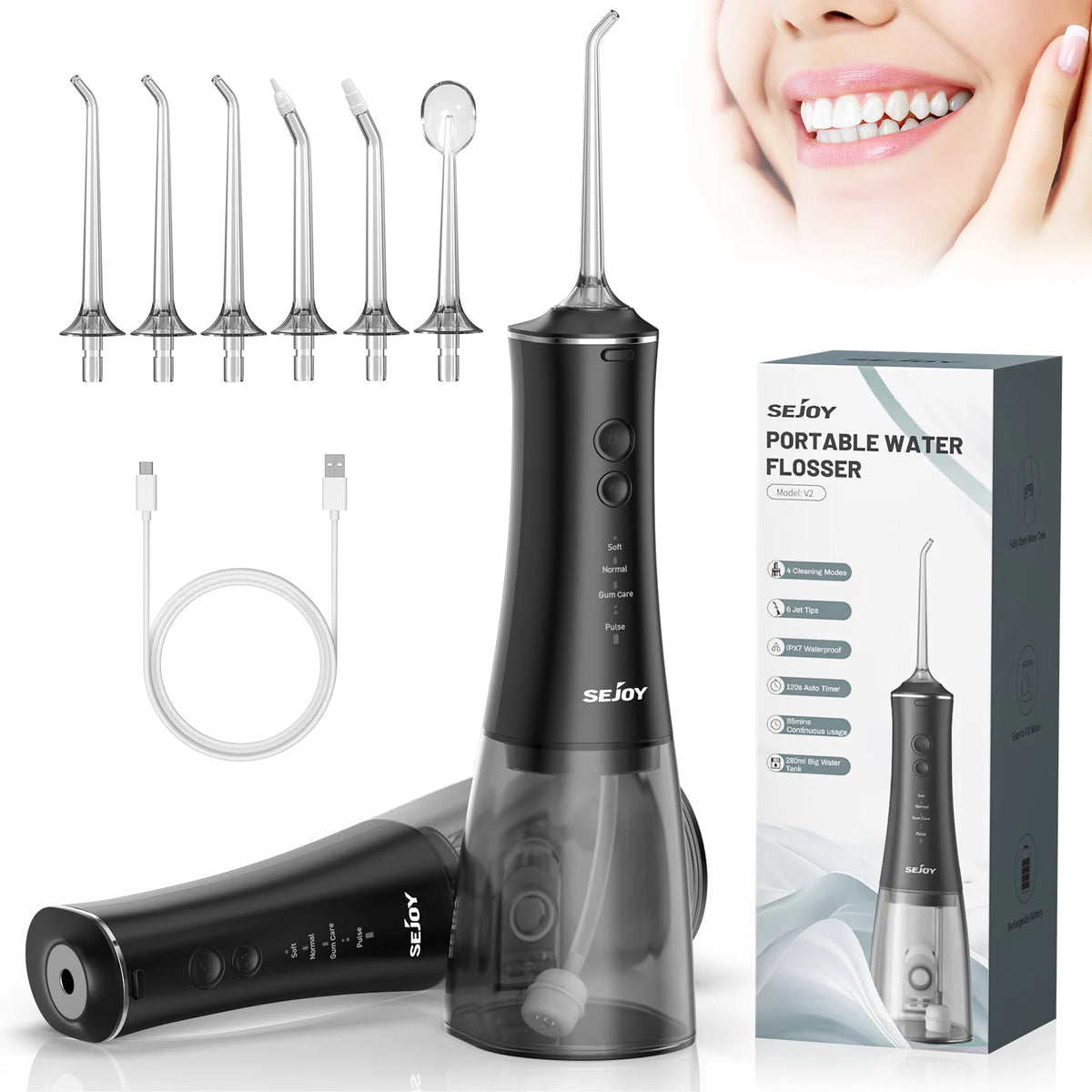 Hydropulseur dentaire SEJOY pour le blanchiment des dents, réservoir portable de 230 ml, 5 modes, 8 embouts, appareil de nettoyage pour la maison