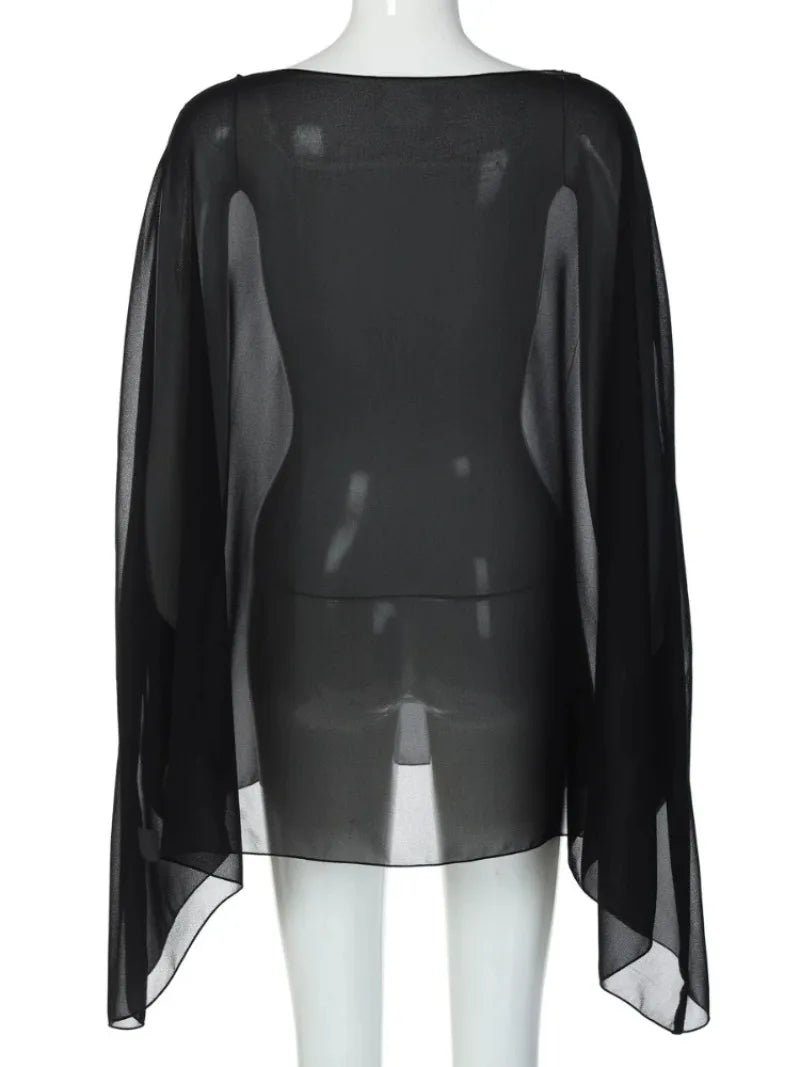 Ropa de mujer Blusas de gasa transparentes Sexys de moda Lisas Prendas para cubrirse Tops elegantes para discoteca para mujer Blanco Negro Streetwear