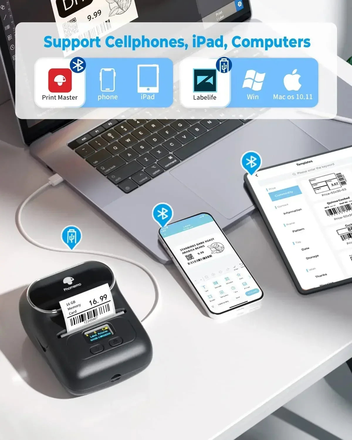 Phomemo M110 Mini Portable Printer Thermal Label Printer Stickers Pocket Labeling Maker Machine Similar to Niimbot B21 B1 50mm