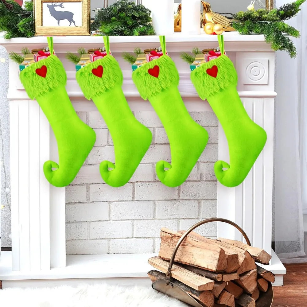 1/2/4Pcs Lime Green Elf Christmas Stockings, Faux Fur Red Heart Xmas Candy Treat Bag Fireplace Mantel Holiday Decor