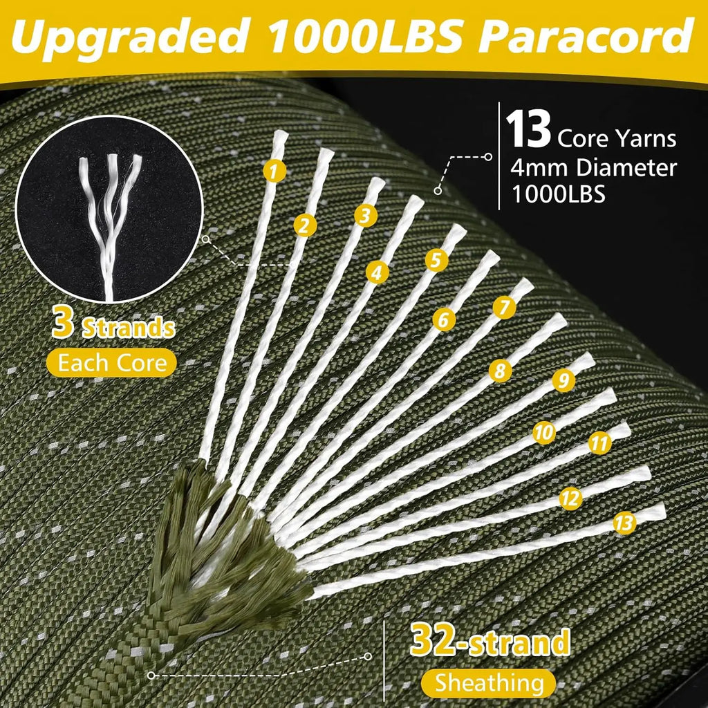Paracord reflectante de 1000 lb, 30 m, 4 mm, cuerda de paracord de 13 hebras, cordón táctico de paracaídas para acampada, pesca, tendedero y hamaca
