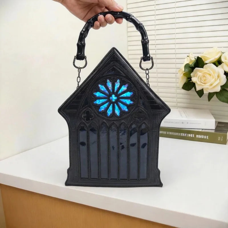 Gothic Cathedral Rose Window Handbag PU Leather Crossbody Bag Bamboo Handle Detachable Strap for Punk Lolita & Halloween Cosplay