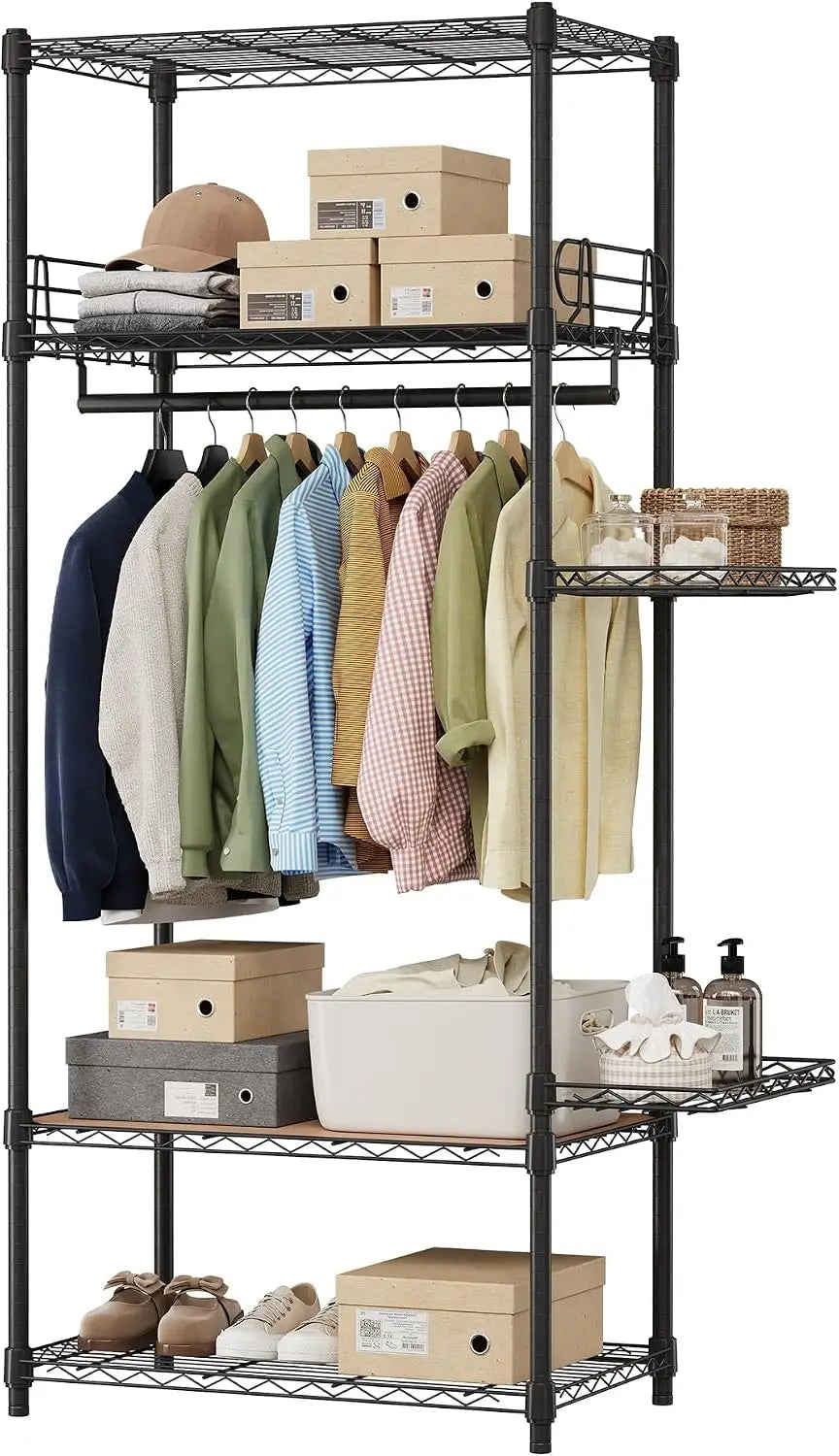 Perchero de metal resistente de 4 niveles con estantes ajustables y cestas laterales, organizador de armario con ruedas para vestidor, lavandería y dormitorio
